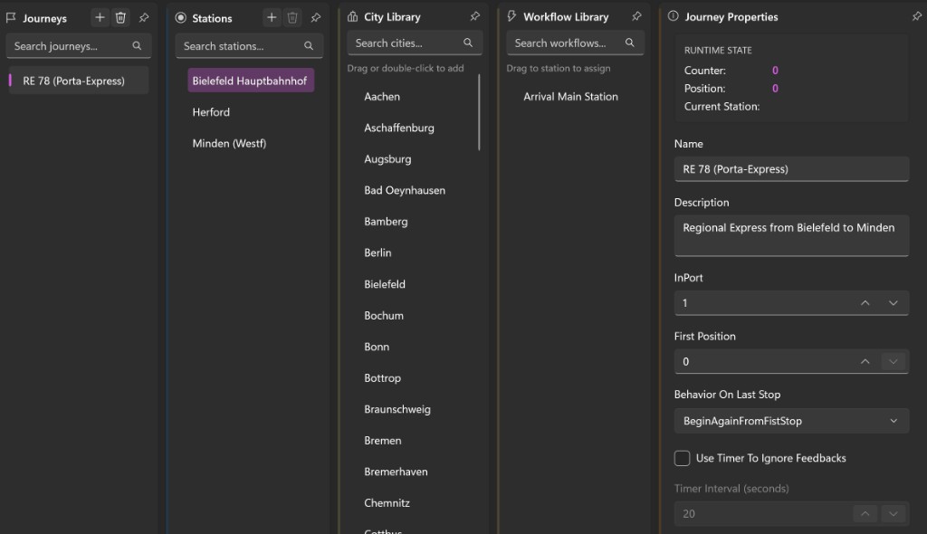 Editor für Fahrten, Stationen und Workflows